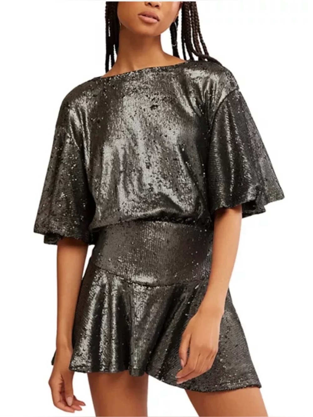 Free People Sequin Flutter Sleeve Top in Black